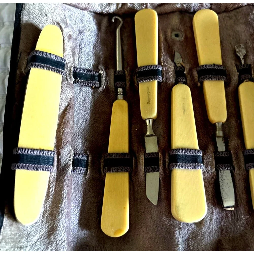 Manicure Set Vintage Leather/Suede Roll Up French Ivory Handles 11 Piece Set